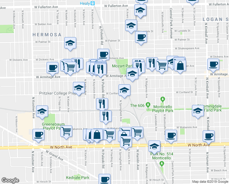 map of restaurants, bars, coffee shops, grocery stores, and more near 1920 North Springfield Avenue in Chicago