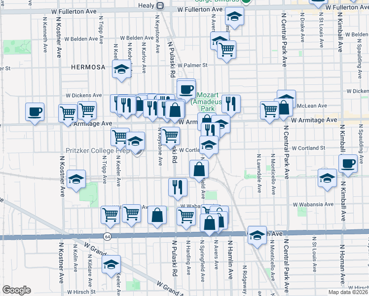 map of restaurants, bars, coffee shops, grocery stores, and more near 1921 North Pulaski Road in Chicago