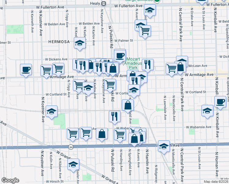 map of restaurants, bars, coffee shops, grocery stores, and more near 1921 North Pulaski Road in Chicago
