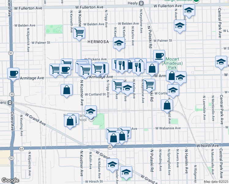 map of restaurants, bars, coffee shops, grocery stores, and more near 1923 North Tripp Avenue in Chicago