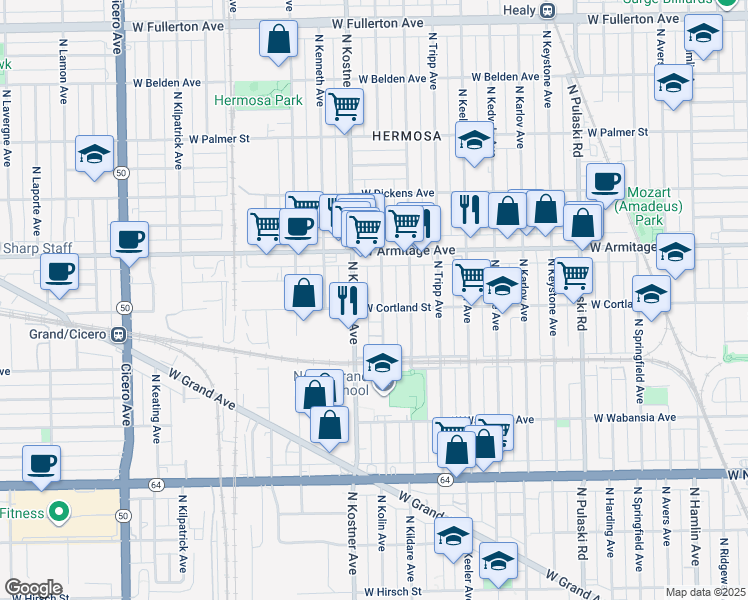 map of restaurants, bars, coffee shops, grocery stores, and more near 1927 North Lowell Avenue in Chicago