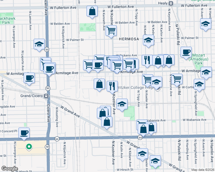 map of restaurants, bars, coffee shops, grocery stores, and more near 1922 North Kostner Avenue in Chicago