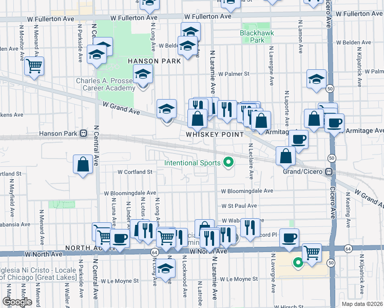 map of restaurants, bars, coffee shops, grocery stores, and more near 1860 North Laramie Avenue in Chicago