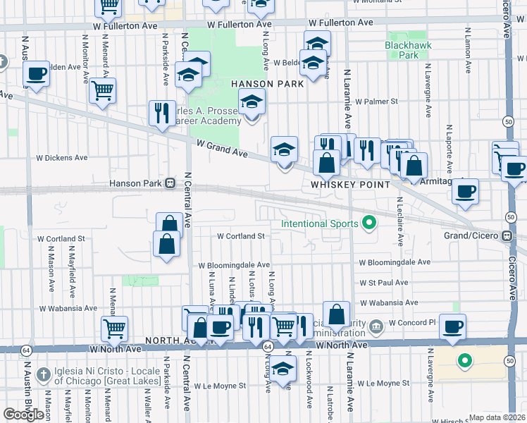 map of restaurants, bars, coffee shops, grocery stores, and more near 5358 West Hanson Avenue in Chicago