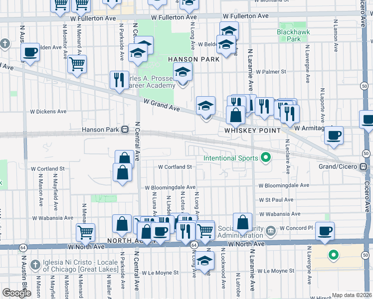 map of restaurants, bars, coffee shops, grocery stores, and more near 5418 West Hanson Avenue in Chicago