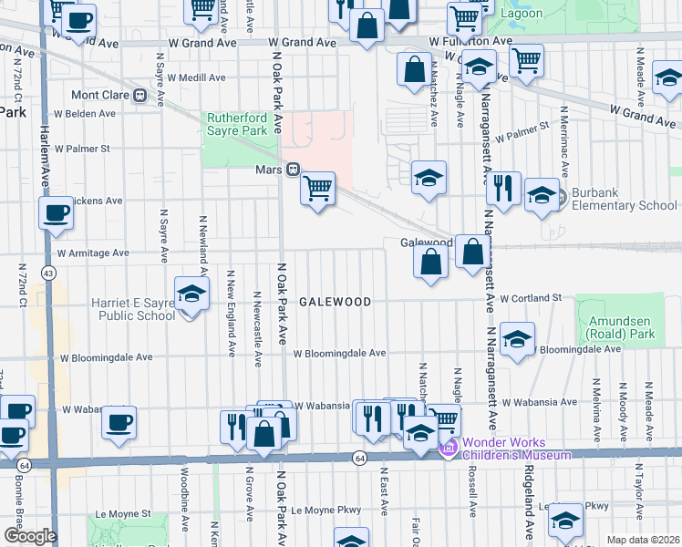 map of restaurants, bars, coffee shops, grocery stores, and more near 1947 North Normandy Avenue in Chicago