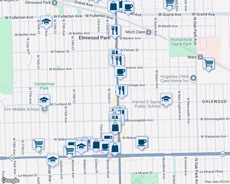 map of restaurants, bars, coffee shops, grocery stores, and more near 1947 North 72nd Court in Elmwood Park