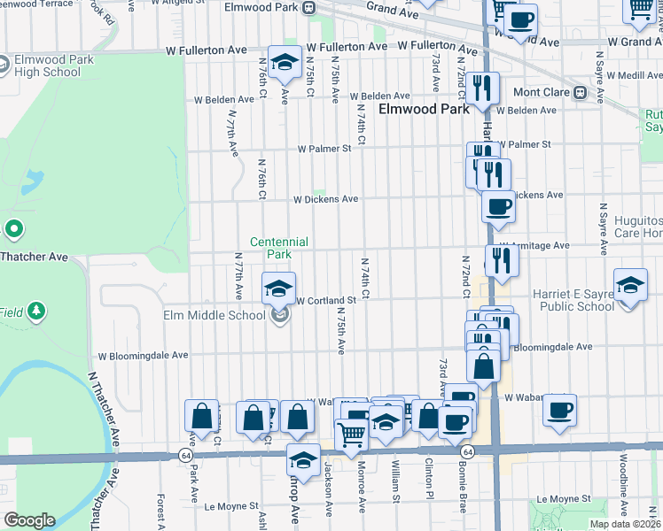 map of restaurants, bars, coffee shops, grocery stores, and more near 1943 North 75th Avenue in Elmwood Park