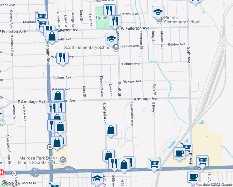 map of restaurants, bars, coffee shops, grocery stores, and more near 2034 Scott Street in Melrose Park