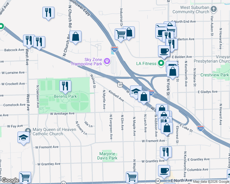 map of restaurants, bars, coffee shops, grocery stores, and more near 272 West Lake Street in Elmhurst
