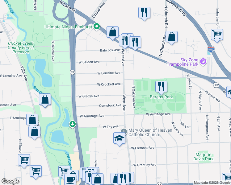 map of restaurants, bars, coffee shops, grocery stores, and more near 538 West Crockett Avenue in Elmhurst