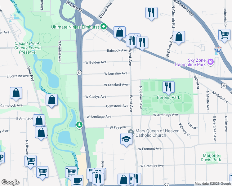map of restaurants, bars, coffee shops, grocery stores, and more near 570 West Crockett Avenue in Elmhurst