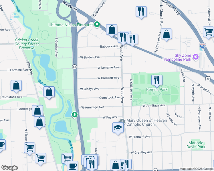 map of restaurants, bars, coffee shops, grocery stores, and more near 570 West Crockett Avenue in Elmhurst