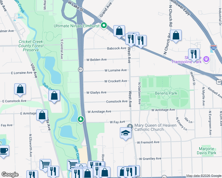 map of restaurants, bars, coffee shops, grocery stores, and more near 570 West Crockett Avenue in Elmhurst