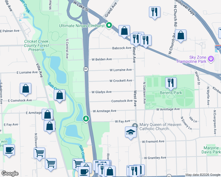 map of restaurants, bars, coffee shops, grocery stores, and more near 602 West Crockett Avenue in Elmhurst