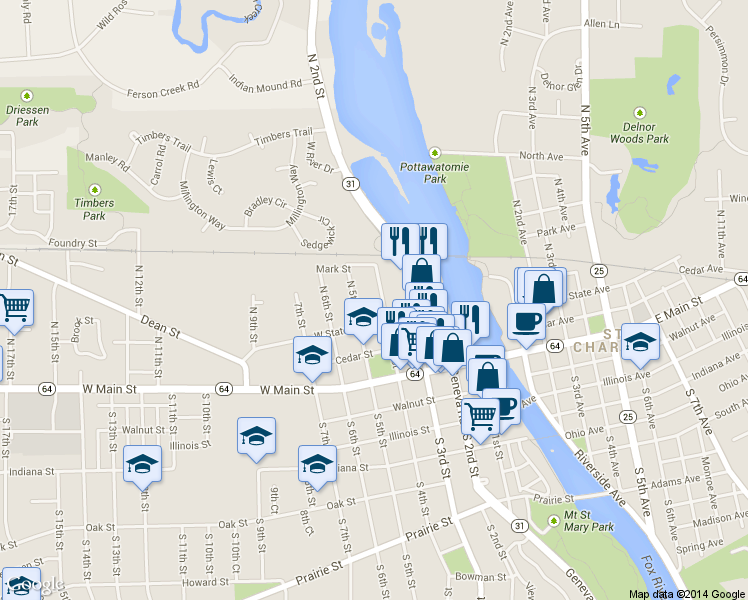 map of restaurants, bars, coffee shops, grocery stores, and more near 310 North 4th Street in St. Charles