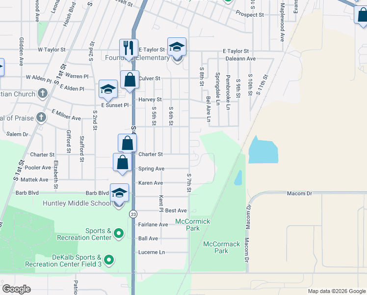 map of restaurants, bars, coffee shops, grocery stores, and more near 1125 South 7th Street in DeKalb