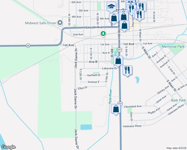 map of restaurants, bars, coffee shops, grocery stores, and more near 1020 Lakeview Drive in Rochelle
