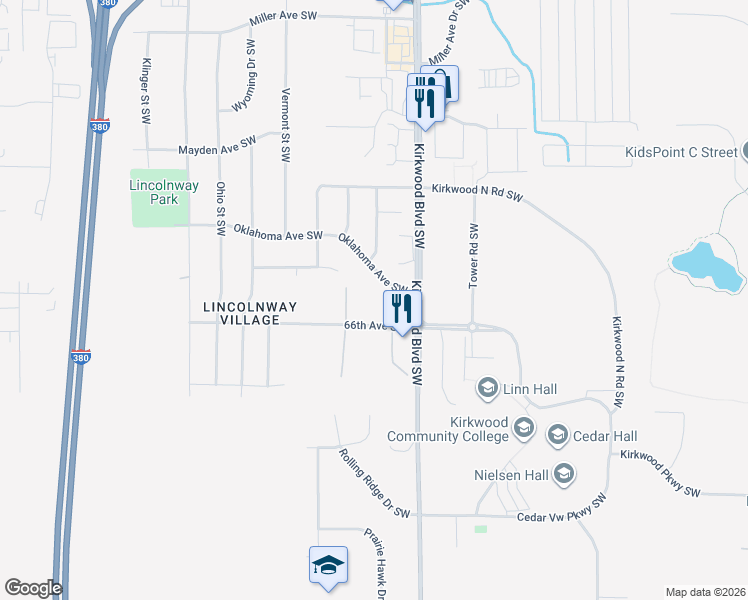 map of restaurants, bars, coffee shops, grocery stores, and more near 61 Oklahoma Avenue Southwest in Cedar Rapids