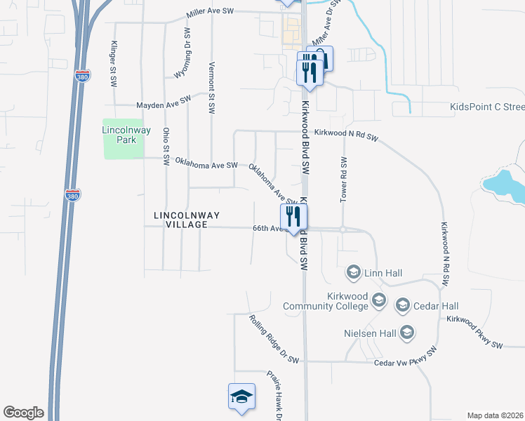 map of restaurants, bars, coffee shops, grocery stores, and more near 61 Oklahoma Avenue Southwest in Cedar Rapids