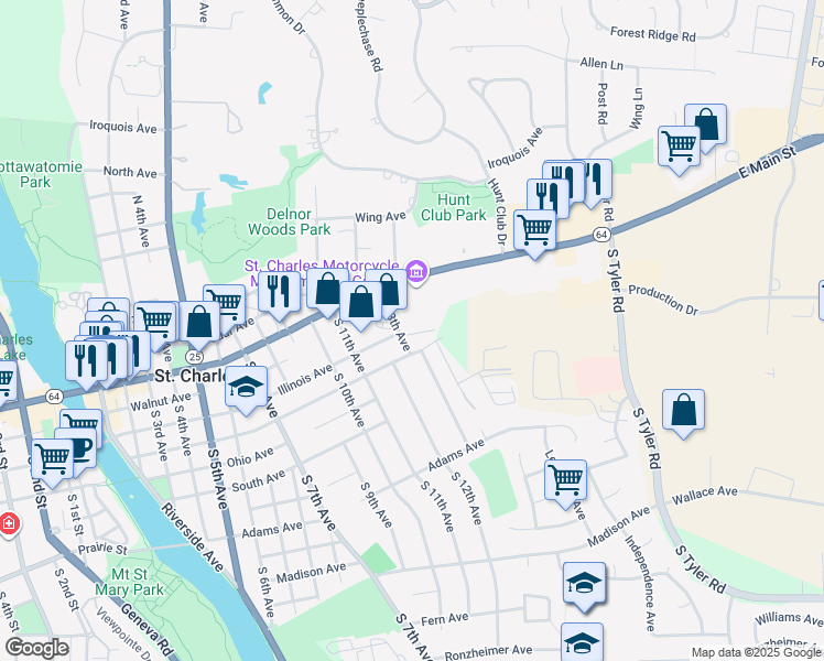 map of restaurants, bars, coffee shops, grocery stores, and more near 124-198 South 13th Avenue in St. Charles