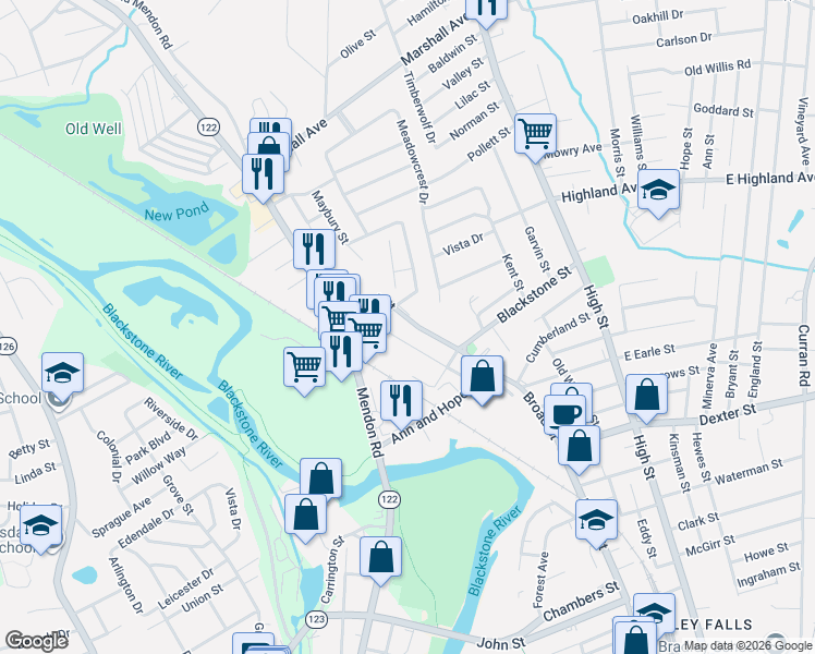 map of restaurants, bars, coffee shops, grocery stores, and more near 7 Fairview Avenue in Cumberland