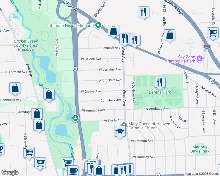 map of restaurants, bars, coffee shops, grocery stores, and more near 570 West Crockett Avenue in Elmhurst