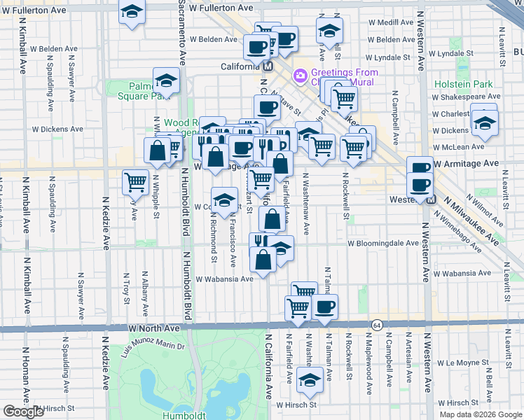 map of restaurants, bars, coffee shops, grocery stores, and more near 1906 North California Avenue in Chicago