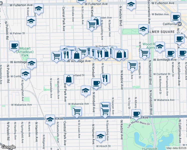map of restaurants, bars, coffee shops, grocery stores, and more near N Kimball Ave & W Cortland St in Chicago