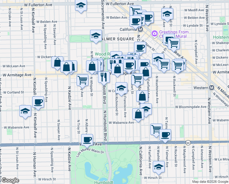 map of restaurants, bars, coffee shops, grocery stores, and more near 1856 North Richmond Street in Chicago