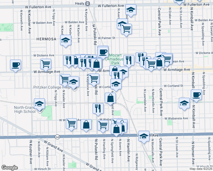 map of restaurants, bars, coffee shops, grocery stores, and more near 1920 North Springfield Avenue in Chicago