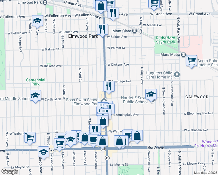 map of restaurants, bars, coffee shops, grocery stores, and more near 7183 West Armitage Avenue in Chicago