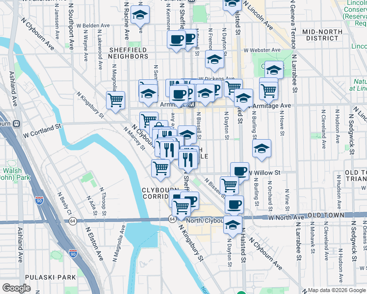 map of restaurants, bars, coffee shops, grocery stores, and more near 1867 North Poe Street in Chicago