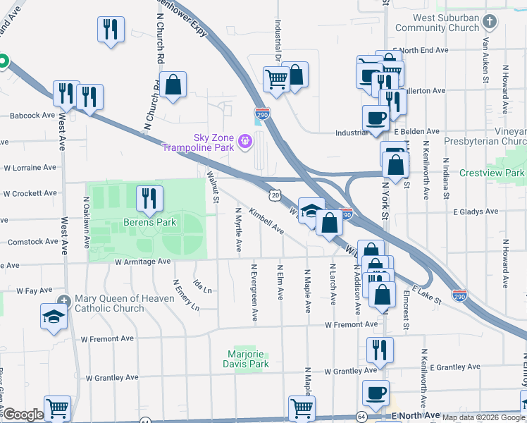 map of restaurants, bars, coffee shops, grocery stores, and more near 272 West Lake Street in Elmhurst