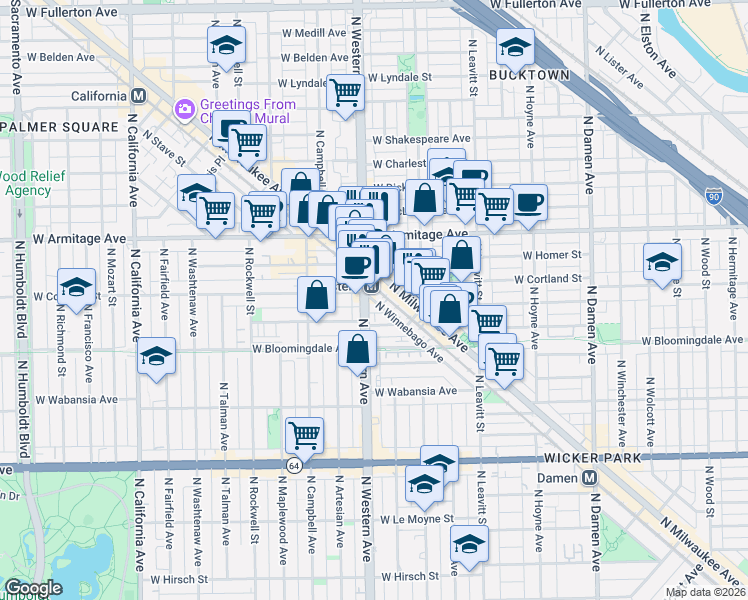 map of restaurants, bars, coffee shops, grocery stores, and more near in Chicago