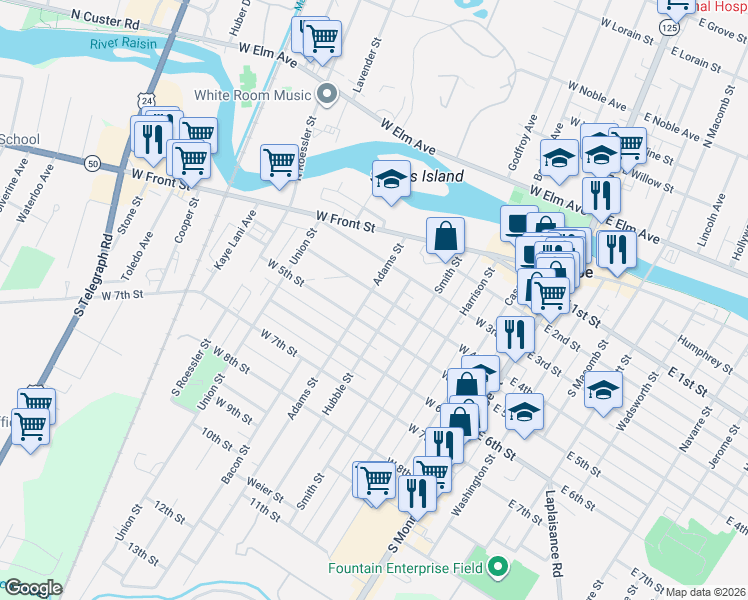 map of restaurants, bars, coffee shops, grocery stores, and more near 328 Adams Street in Monroe