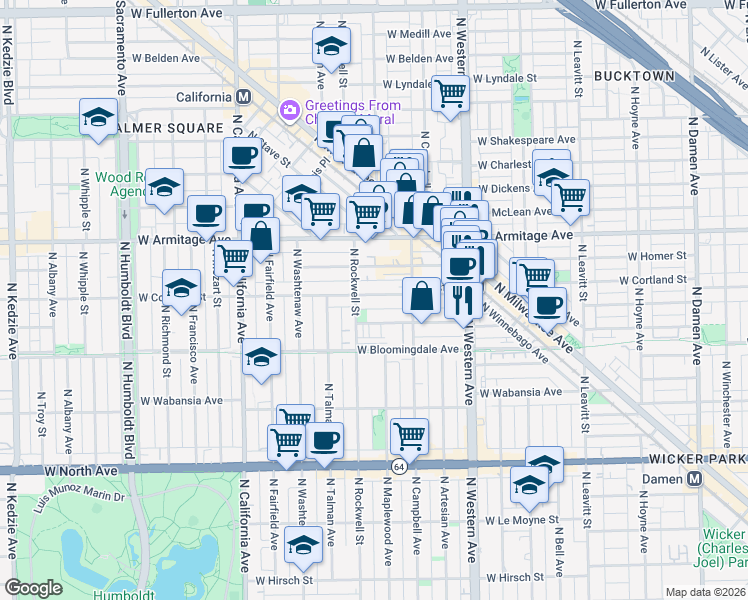 map of restaurants, bars, coffee shops, grocery stores, and more near 2542 West Cortland Street in Chicago