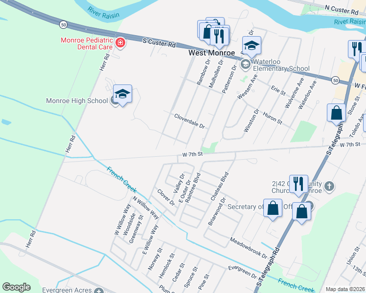 map of restaurants, bars, coffee shops, grocery stores, and more near 991 Rambow Drive in Monroe