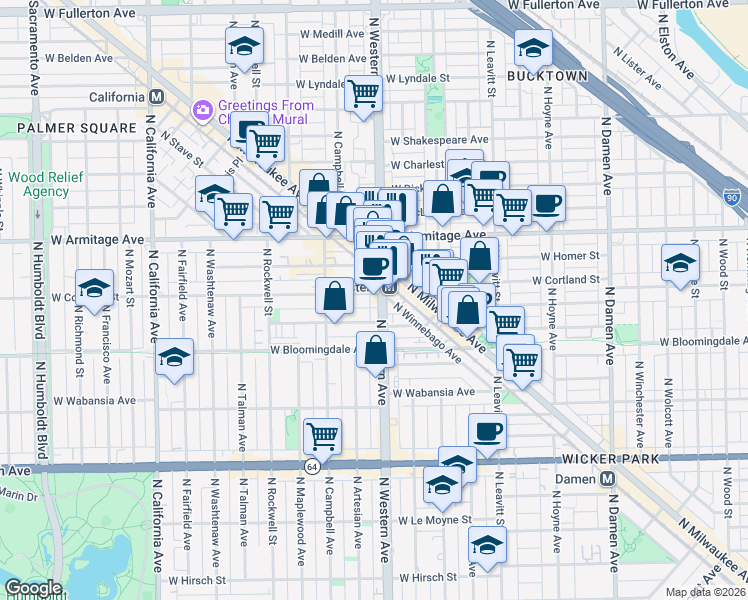map of restaurants, bars, coffee shops, grocery stores, and more near 1900 North Western Avenue in Chicago