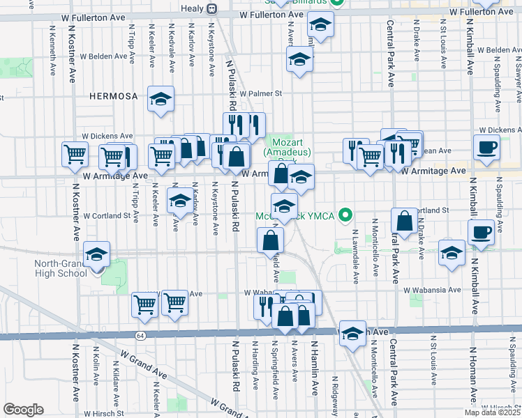 map of restaurants, bars, coffee shops, grocery stores, and more near 1920 North Springfield Avenue in Chicago