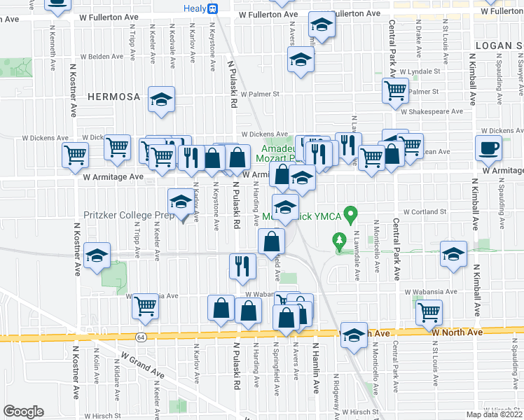 map of restaurants, bars, coffee shops, grocery stores, and more near 3916 West Cortland Street in Chicago