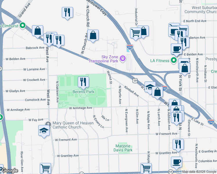 map of restaurants, bars, coffee shops, grocery stores, and more near 548 Walnut Street in Elmhurst