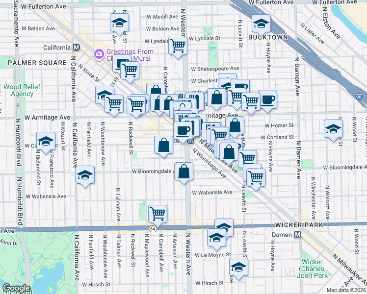 map of restaurants, bars, coffee shops, grocery stores, and more near 1856 North Western Avenue in Chicago