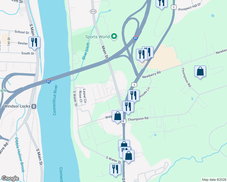 map of restaurants, bars, coffee shops, grocery stores, and more near 263 Main Street in East Windsor