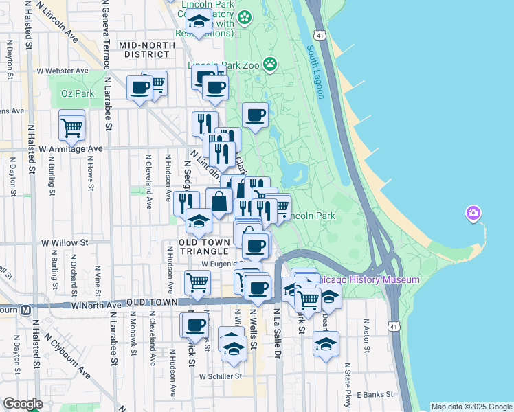 map of restaurants, bars, coffee shops, grocery stores, and more near 1807 North Lincoln Avenue in Chicago