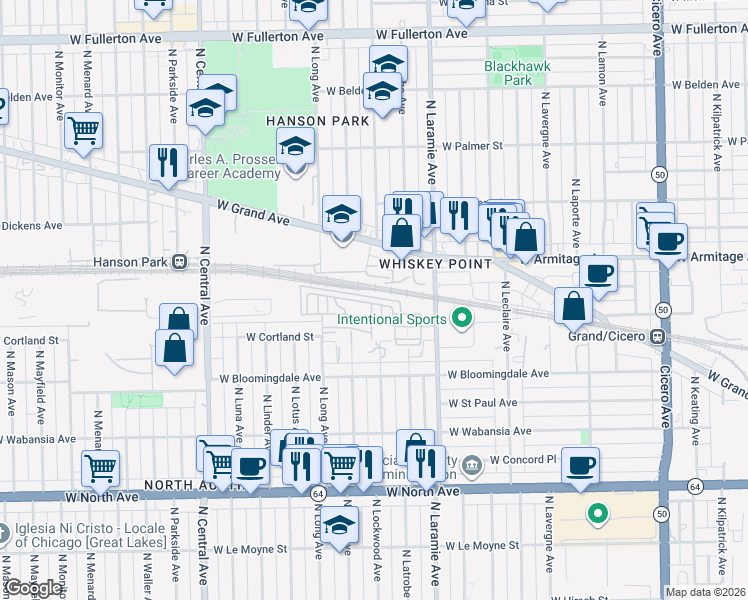 map of restaurants, bars, coffee shops, grocery stores, and more near 1946 North Latrobe Avenue in Chicago