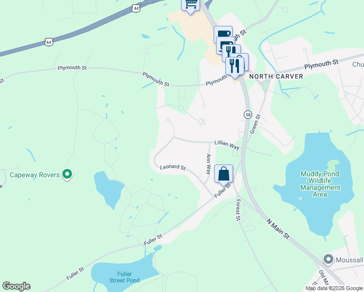 map of restaurants, bars, coffee shops, grocery stores, and more near 18 Lillian Way in Carver