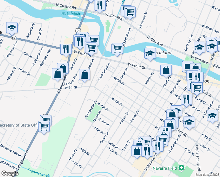 map of restaurants, bars, coffee shops, grocery stores, and more near 800 West 7th Street in Monroe