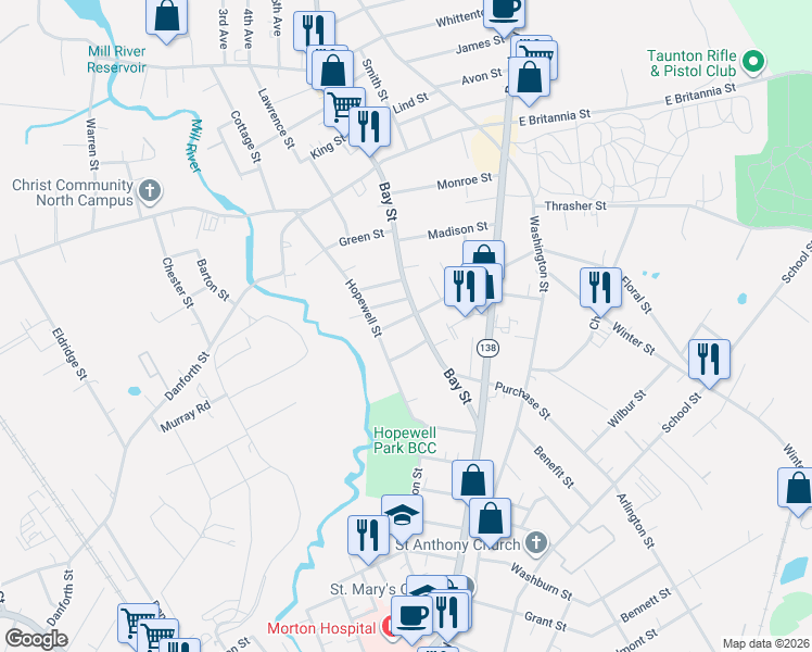 map of restaurants, bars, coffee shops, grocery stores, and more near 3 Jefferson Street in Taunton