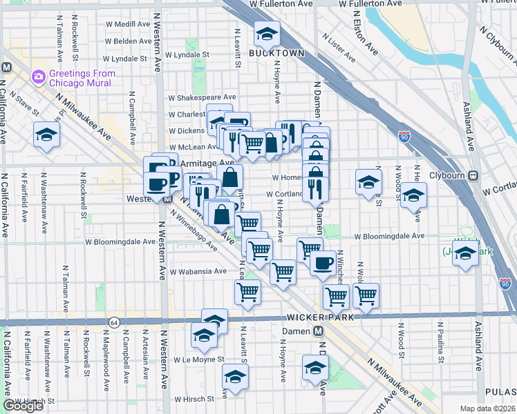 map of restaurants, bars, coffee shops, grocery stores, and more near 2121 West Cortland Street in Chicago